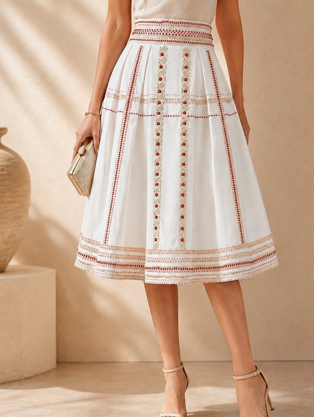 Valentino Embellished White Cotton Midi Skirt with Orange and Tan Embroidery NWT